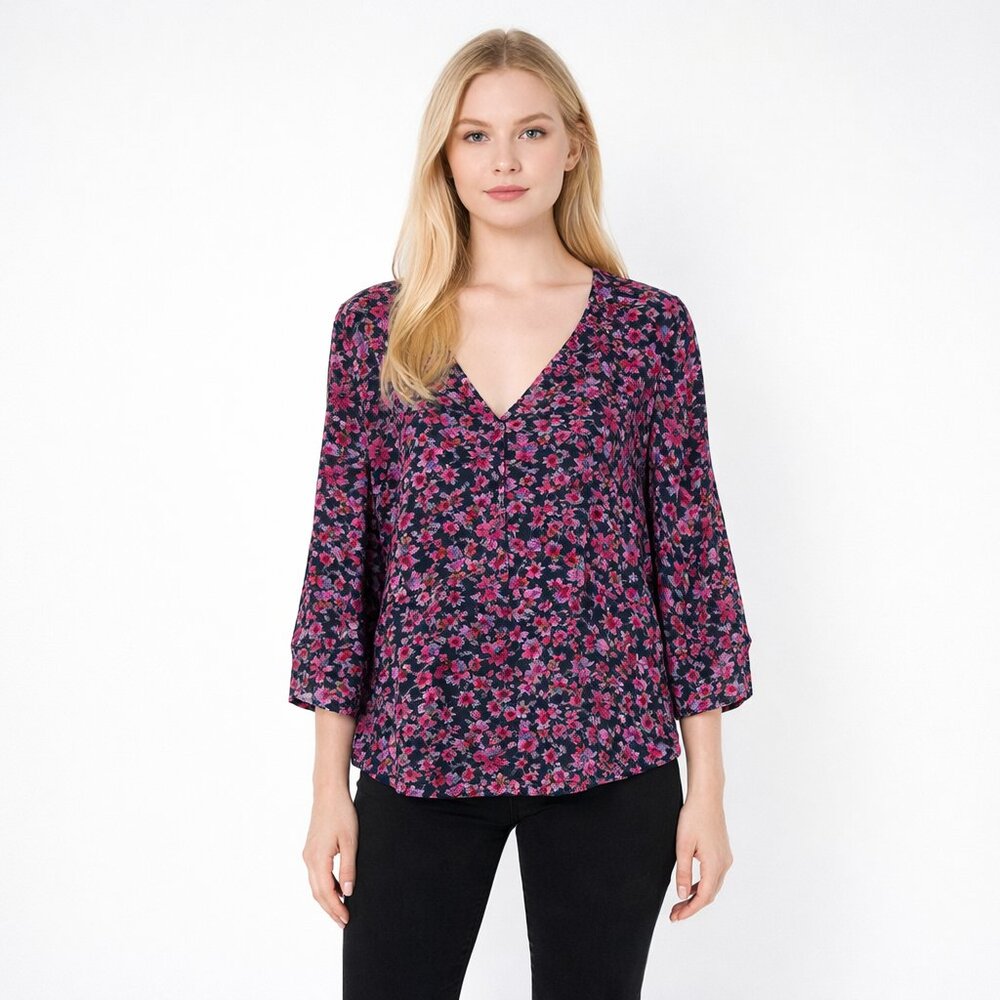Amour Vert Floral Button-Down Blouse Black Magenta Small #A1181